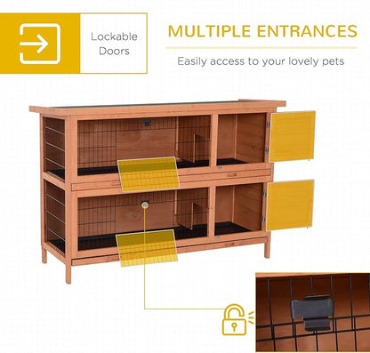 PawHut 54" 2-Story Large Rabbit Hutch Bunny Cage Wooden Pet House Small Animal Habitat with Lockable Doors, No Leak Tray and waterproof Roof for Outdoor/Indoor Orange