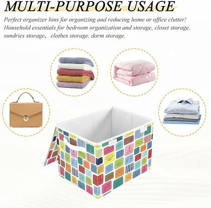 Colorful Sea Marine Theme Squares Storage Bins with Lids Foldable Storage Basket with Handles Collapsible Large Fabric Organizer Containers for Clothes Shelves Closet Office Home
