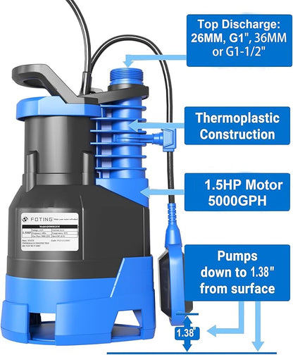 FOTING 1.5HP Sump Pump Automatic & Maunal Mode,with Float Switch, 5000GPH Big Flow Clean & Dirty Submersible Water Pump, 16FT Electric Utility Pump for Pool Draining Hot Tub Garden Basement