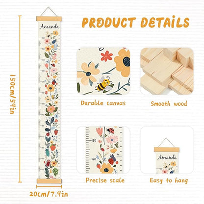 Personalized Name Growth Chart Wall Decor for Kids – Canvas Removable Height Chart Measuring Ruler 59" x 7.9" (Flowers)