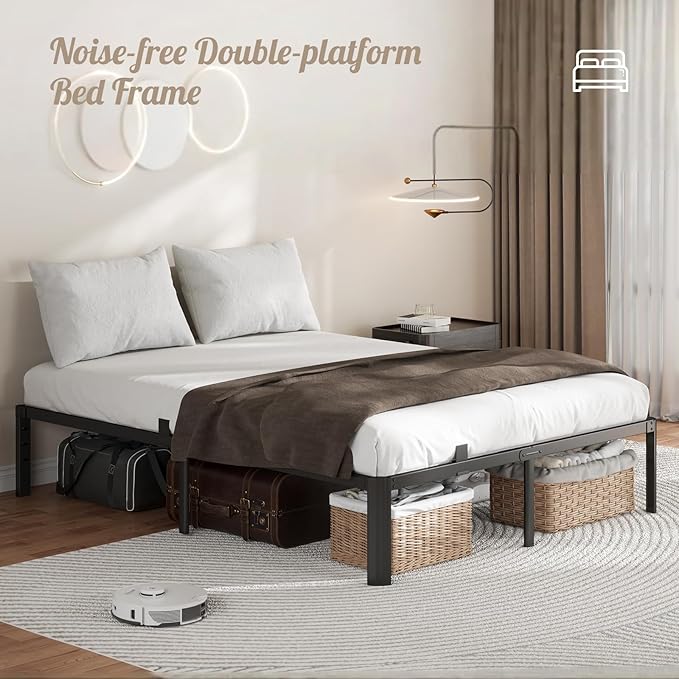 Metal Bed Frame Twin Size, 14 Inch 3500 lbs Heavy Duty Platform Bed Frames Steel Slats Noise Free No Box Spring Needed, Easy Assemble Sturdy Bedframe Rounded Corner with Storage and Mattress Retainers