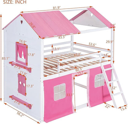 MERITLINE Full Over Full Princess Castle Bunk Bed with Tent,Ladders and Guardrail, Solid Wood Playhouse House Floor Bunk Bed with Windows and Roof (Full,Pink & White)