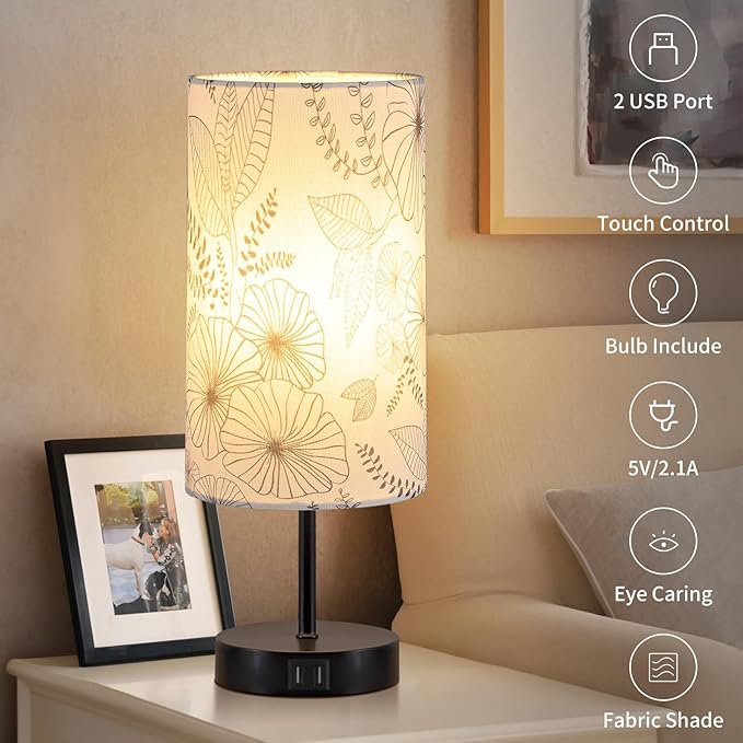 Bedside Touch Lamp with 2 USB Ports, Modern 3 Way Dimmable Small Lamp with