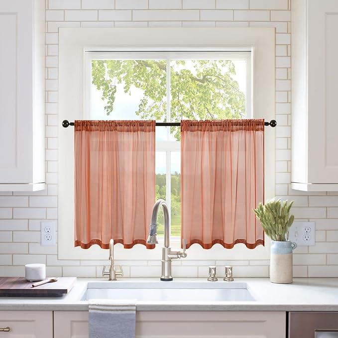 MIULEE Short Sheer Curtains 36 Inch Length for Kitchen Bathroom Cafe Half Window Treatment, Terracotta Rod Pocket Tier Fall Curtains 2 Panels 29x36 Inches Long, Burnt Orange