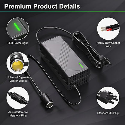 AC to DC Converter 20A/240W/12.36FT/110V-240V to 12V Converter Car Cigarette Lighter Socket AC/DC Power Adapter for Inflator, Car Refrigerator, Car Vacuum Cleaner and More