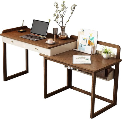 Lartis Extendable to 70" Solid Wood Desk, Storage Study Table with Side Unit, Multifunctional Workbench, Modern Office and Study Computer Desk