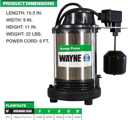 Wayne 3/4 HP Heavy Duty Submerisble Cast Iron and Stainless Steel Sump Pump with NEW Switch - Removes up to 5,490 Gallons of Water Per Hour