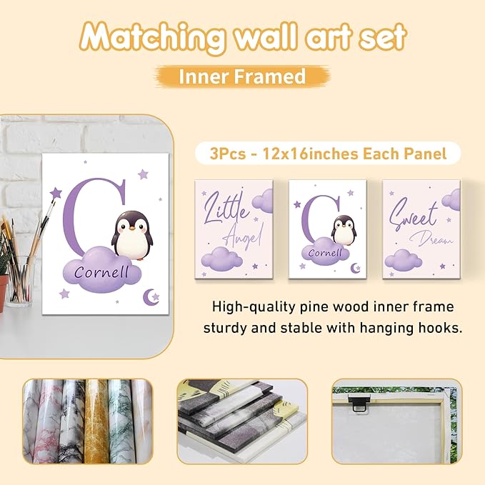 Custom Baby Bedding Set, 5 Pcs Personalized Baby Crib Sets with Name, Toddler Bedding Set for Baby Girl Boy, Purple Penguin Double Layer Nursery Bedding Set, Customized Gift for Infant Newborn
