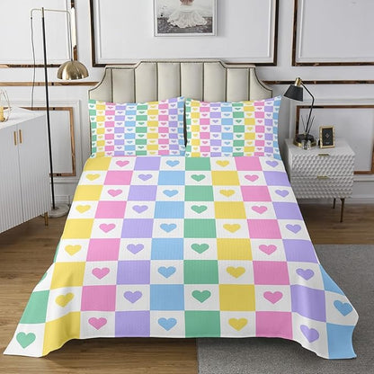 Manfei Cute Love Heart Kids Bedspread Twin Size,Colorful Geometric Plaids Grids Squares Coverlet Set,Girls Women Room Decor,Couple Valentine's Day Quilted Coverlet,Chic Bedding Quilt,1 Pillowcase