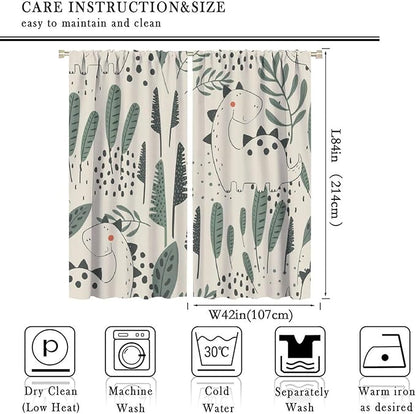 Funny Dinosaur Curtains, Jungle Cute Cartoon Animals Tropical Leaves Plant Beige Green Print Blackout Window Treatments for Kids Boys Girls Bedroom Living Room 84x84in