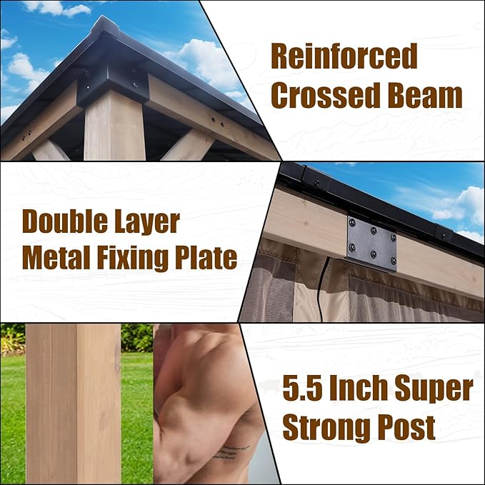 CHARMELEON 12'x20' Cedar Wood Gazebo Hardtop - Wooden Gazebos with Dual Metal Roof - Permanent Outdoor Gazebo - Large All Weather Patio Gazebo for Backyard, Deck & Garden - with Curtains & Netting