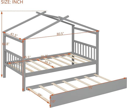 Harper & Bright Designs Twin House Bed for Kids, Wood Platform Bed with Trundle, Montessori Bed with Roof, Playhouse Trundle Beds for Kids,Teens, Bedroom, Gray