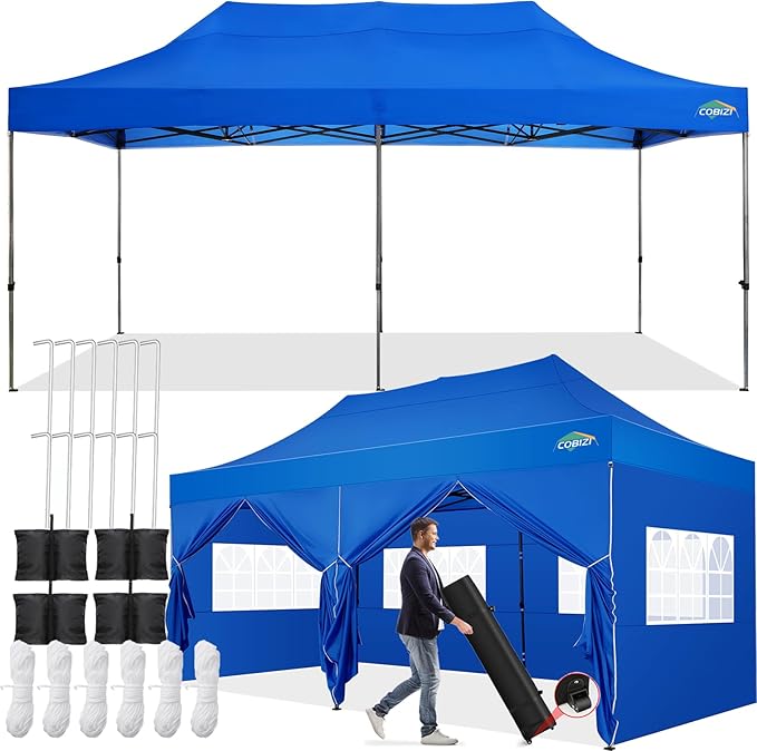COBIZI 10x20 Pop up Canopy Tent 10x20 Canopy with 6 Sidewalls Waterproof Heavy Duty Commercial Canopy Tent for Parties Outdoor Garden Gazebo, Carry Bag with Wheel(10x20ft, Blue)