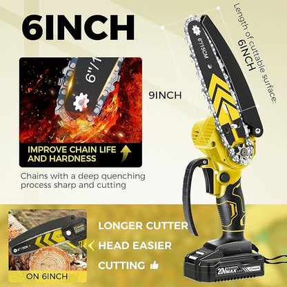 Saker Mini Chainsaw,6 Inch Portable Electric Chainsaw Cordless, Small Handheld Chain saw for Tree Branches,Courtyard, Household and Garden (SK1806D-Y)