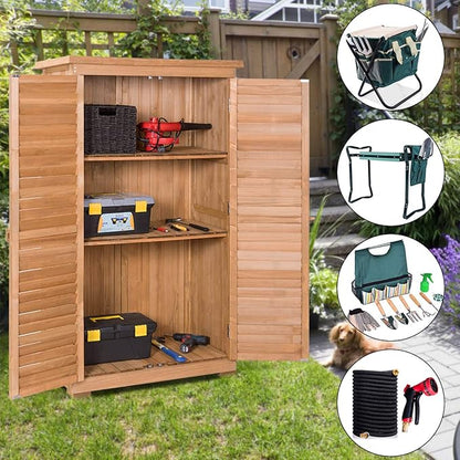 Goplus Outdoor Storage Cabinet, Wooden Storage Shed with Latch, Detachable Shelves & Weather Resistant Pitch Roof, Vertical Garden Tool Organizer for Outside Yard Patio Deck