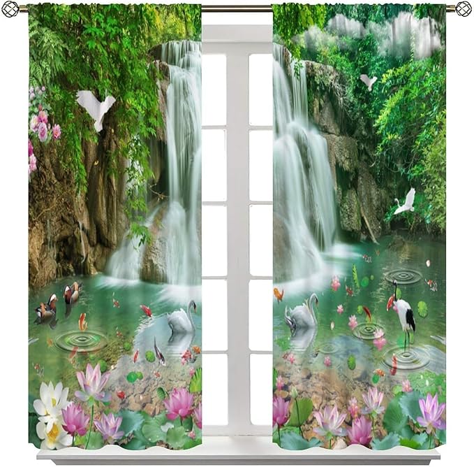 Scenery Waterfall Blackout Curtains, China Country Landscapes Nature Pattern Window Drapes, for Bedroom Living Room 63" W X 63" L