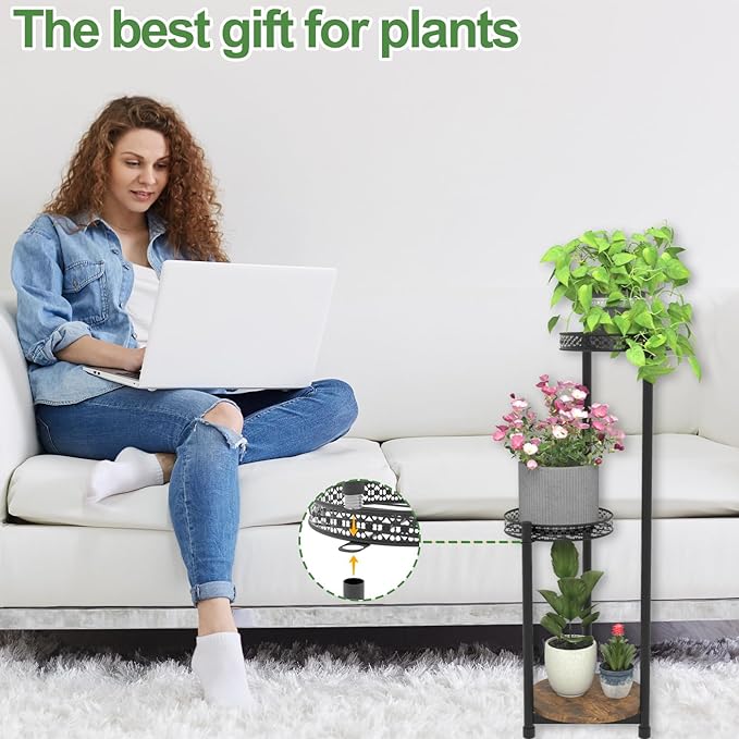 Plant Stand Indoor Outdoor,3 Tier Metal Wood Plant Stand for Multiple Plants,Black Tall Narrow Plants Display Organizer for Corner Living Room Porch Patio Garden Office