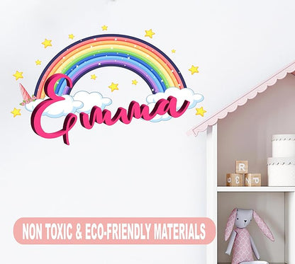 Custom Name Rainbow Wall Decal for Girls - Personalized Name Stars Clouds Sticker - Rainbow Wall Decal - Cute Unicorn Sticker for Kids Decor- Removable Vinyl for Nursery Decor (Tiny Wide 8"x5" Height)