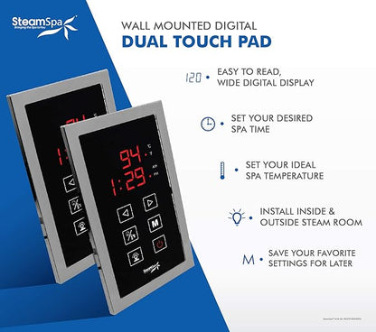 SteamSpa 6kW Steam Sauna Generator Executive Bundle 240V Steam Generator with Touch Pad, Steamheads, Pressure Relief Valve, Built-in Auto Drain, LED Light, Filter and Quick Install Kit EXT600CH-A