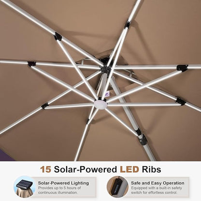PURPLE LEAF 10 Feet Double Top Deluxe Solar Powered LED Square Patio Umbrella Offset Hanging Umbrella Outdoor Market Umbrella Garden Umbrella, Beige
