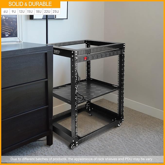 RIVECO 18U Open Frame Server Rack with Brake Casters + PDU (8 Outlets) Power Strip Surge Protector + 2 PCS Rack Shelves Cantilever Tray Set Black
