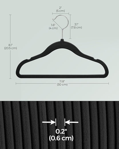 SONGMICS Baby Kids Hangers 50 Pack for Closet, 11.8 x 8.1 Inches, Silver 360° Swivel Hooks, Space-Saving Clothes Velvet Hangers for Nursery, Non-Slip, Ink Black UCRF027B05