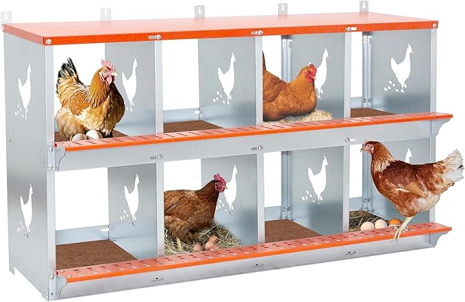 8-Bay Metal Nest Box for Chickens Wall Mount, Galvanized Steel Hen Nesting Box with Vent Holes, Easy to Clean & Assemble, Includes Coconut Fiber Pad, Orange/Silver