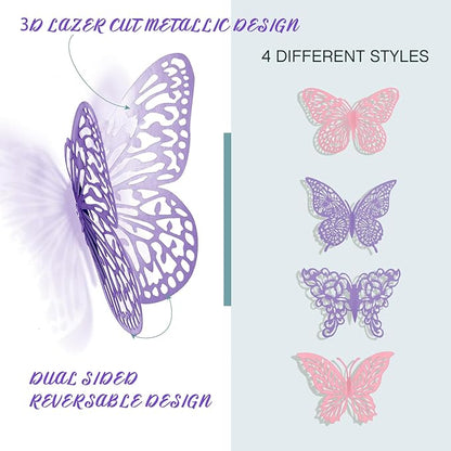 3D Gold Butterfly Wall Decor 3 Sizes 4 Styles Butterfly Party Decorations Cake Decorations Removable Stickers Wall Decor Room Mural Metallic Kids (Purple+Pink, 96Pcs)