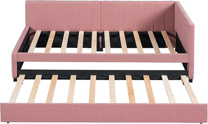 Harper & Bright Designs Upholstered Daybed with Trundle Twin Size Sofa Bed Frame No Box Spring Needed, Linen Fabric(Pink)