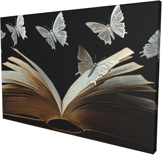 Olivine Butterfly Large Wall Art, Book Pictures Wall Decor, Bookish Butterfly Painting, Reading Nook Canvas Prints, Framed Artwork for Dining Room Living Room Bedroom Library Office Home Decor 60"x30"