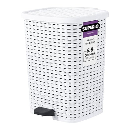 Superio Small Outdoor Trash Can with Lid for Dog Poop 6.8 Gallon/26 L Plastic Step On Garbage Can with Foot Pedal for Bathroom, Bedroom, Office, Patio, Wicker White