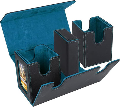 AFIING MTG Commander Card Storage Box - Fits 200 Double Sleeved Cards,3-in-1Card Deck Case,Strong Magnet Card Organizer For Magic Commander TCG CCG,4Dividers &2 Toploaders, Black/Cyan