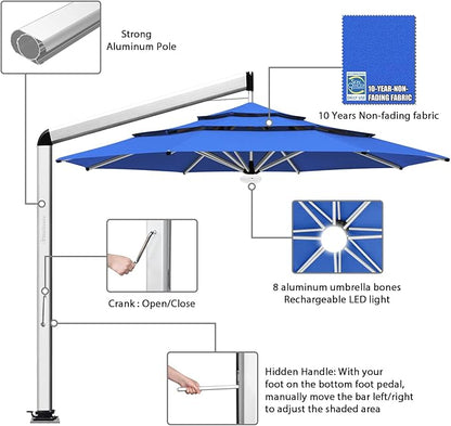 EliteShade USA Atlas 3-Tier 11FT Full Aluminum Cantilever Patio Umbrella for Outdoor restaurant Garden Courtyard Deck Pool and Marketing with Light(No battery),Royal Blue