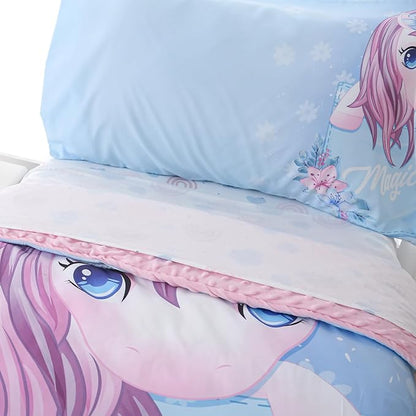 4 Piece Toddler Bedding Set for Girls,Soft Crib Bed Sheets Set in a Bag Including Comforter, Flat Sheet, Fitted Sheet and Pillowcase(Unicorn)
