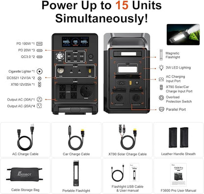 FOSSiBOT F3600 Portable Power Station, 5 x 120 V AC Output 3600 W/3840Wh LiFePO4 Battery Electric Solar Generator for Garage, Home, Off-Grid Living, Camping, RVs, Outdoor Adventures, Power Outages