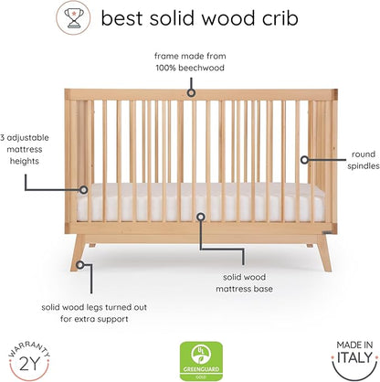 dadada Baby Soho 3 in 1 Convertible Wooden Crib to Toddler Bed - Made in Italy, GREENGUARD Gold Certified, Baby-Safe Finish, Sustainable Beech Wood, Modern Design, 3 Adjustable Heights (Natural)