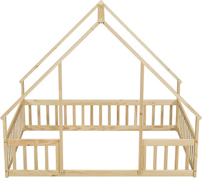 Bellemave Full Floor Bed for Kids, Girls, Boys, Wood House Bed Frame, House Floor Bed for Kids, Full Size Montessori Floor Bed with Fence, Playhouse, Natural