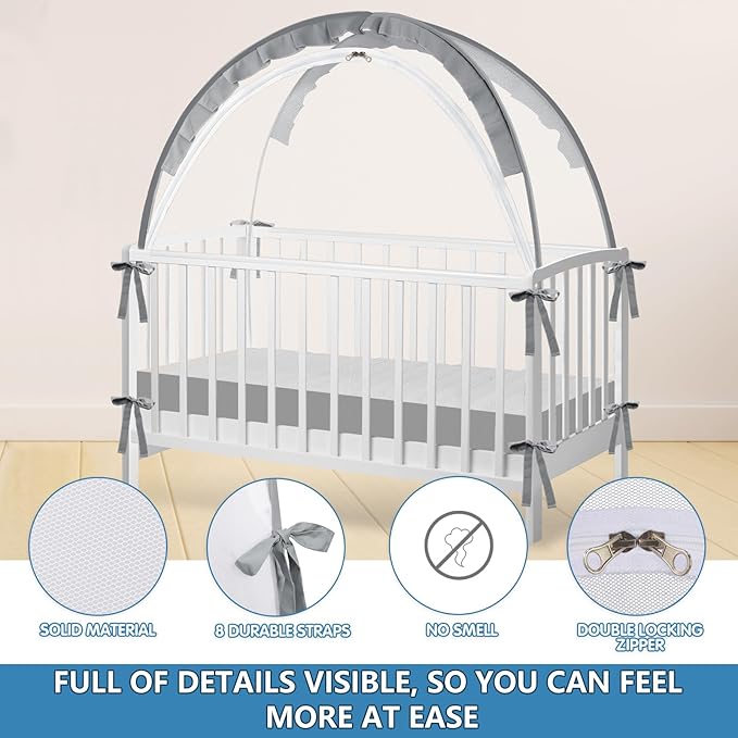 Crib Tent - Crib Net to Keep Baby in, Stop Baby from Climbing Out of Crib, Pop Up Baby Crib Tent with Double Zip Strong Rods and Breathable Net Clear Visibility Easy to Install (Grey, Large)