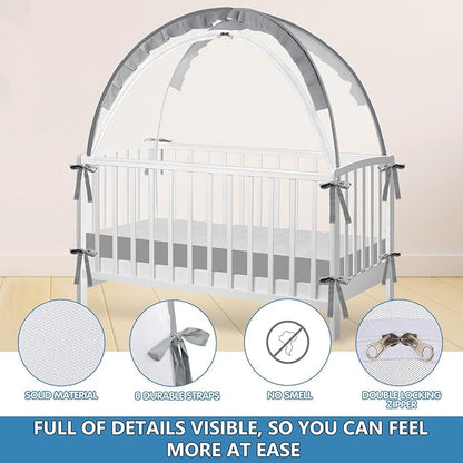 Crib Tent - Crib Net to Keep Baby in, Stop Baby from Climbing Out of Crib, Pop Up Baby Crib Tent with Double Zip Strong Rods and Breathable Net Clear Visibility Easy to Install (Grey, Large)