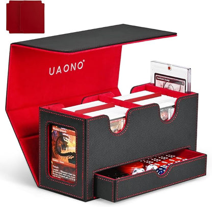 Card Deck Box for MTG, Double Card Storage Box with 2 Commander Display & 1 Dice Tray, Fits 200+ Double Sleeved Cards, Card Organizer for CCG TCG Sports Cards (Black Red)
