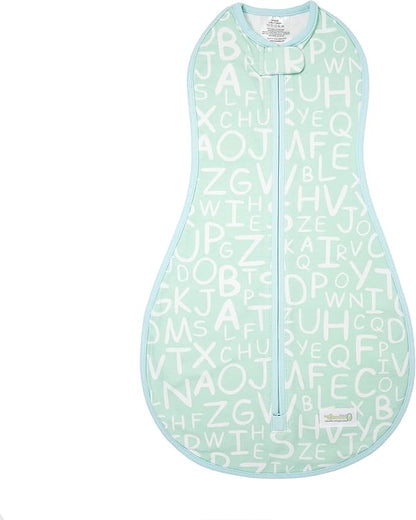 Woombie Original Baby Swaddling Blanket - Soothing, Cotton Zippered Swaddle - Wearable Newborn Blanket, Mint Alphabet, 14-19 lbs