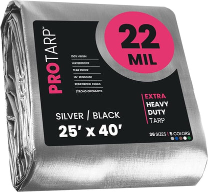 PROTARP Extreme Heavy Duty 22 Mil Tarp Cover, Waterproof, UV Resistant, Rip and Tear Proof, Poly Tarpaulin with Reinforced Edges for Roof, Camping, Patio, Pool, Boat. (Silver/Black 25′ X 40′)