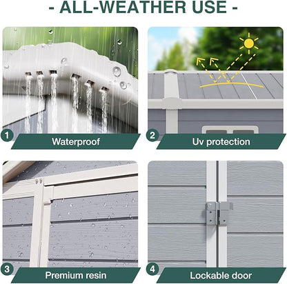Storage Shed Plastic Outdoor Storage Shed Waterproof Container House with Lockable Door and Transparent Window for Garden, Lawn, Backyard, Patio (6x4FT)