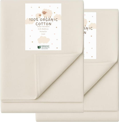Organic Crib Mattress Protector - Flat Sheet Water Resistant Liner Pad, Breathable, Skin Friendly, Chemical-Free Pure Cotton [GOTS-Certified] for Playard (38"x26") - Pack of 2