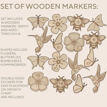 Wooden Growth Chart Markers for Kids Height Measurement, Woodland Shapes.