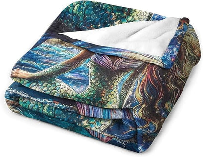Mermaid Blanket Navy Mermaids Gifts for Girls Boys Woman Kids Ocean Mermaid Lover Coastal Throw Blankets Soft Blanket Warm Fleece Flannel Plush Blankets for Bed Sofa Couch 60"x80"