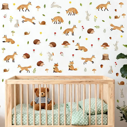 Woodland Animal Wall Stickers Cute Animals Wall Decals Peel and Stick Catroon Animal Decal Funny Fox Hedgehog Rabbit Stickers Forest Woodland Decals for Kids Room Bedroom Nursery Decor