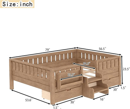 Bellemave Full Size Kids Bed with high Rails and with Built-in Bookshelf and Drawers for Kids, Girls, Boys, Wood Montessori Bed Without Door, Natural