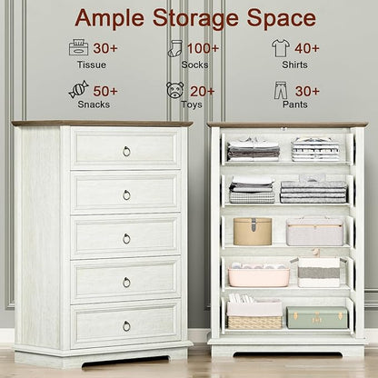 5 Drawer Dresser, Chest of Drawers with Double Anti-Tip, Modern Tall Dresser Organizer for Bedroom, Living Room & Hallway – Easy Assembly Storage Cabinet, White