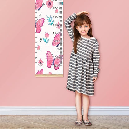 Personalized Kids Name Growth Chart Ruler for Wall Wood Frame Height Measure Chart 13.4x56 in Linen Hanging Height Growth Chart Pink Butterfly & Flower Kids Room Decor